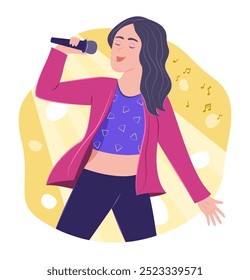 Cantante mujer cantando una canción para la interpretación de concierto Concepto Ilustración