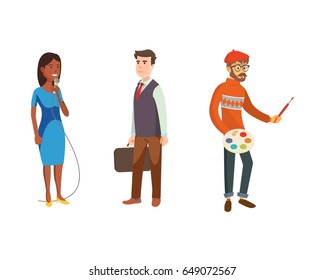 Singer worker, office man and painter cartoon vector illustration 