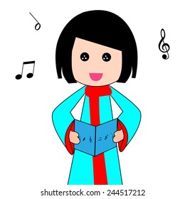 Singer.Cute Cartoon Girl Singing Isolated On A White Background