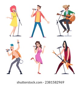 Singers. Active perform people musicians with microphone exact vector singers in action poses cartoon people