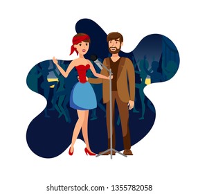 Singers Duet at Night Club Party Flat Illustration. Two Vocalists with Microphone Cartoon Characters. Cheerful Couple Enjoy Karaoke Party. Pop Band Performing on Stage Isolated on White Background