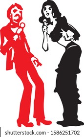 Singers duet, pop rock duo of entertainers, retro style cabaret musicians sing song, pop rock jazz country soul blues chanson Estrada music genre, show business vector illustration