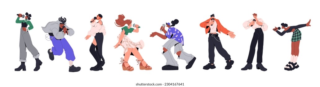 Singers with microphones set. Vocalists holding mics, singing songs with emotion, expression. Talented people, vocal stars performing. Flat graphic vector illustrations isolated on white background