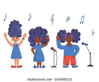 Singers with microphones stay isolated. Girls musical band simple characters.