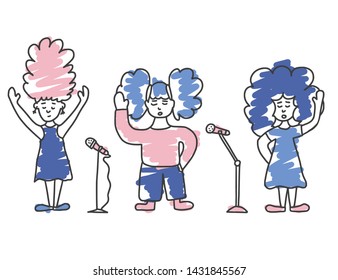 Singers with microphones stay isolated. Girls group simple characters.
