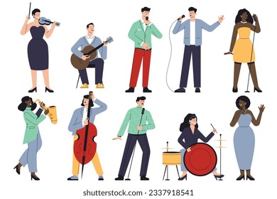 Singers and musicians characters. Cartoon musicians and band members, jazz and rock musicians playing instruments and performing. Vector set of musician and singer illustration