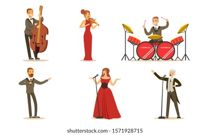 Singers and musicians in concert clothes. Set of vector illustrations.