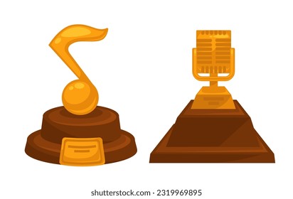 Singers and musicians golden awards and prizes for talent. Isolated statuette in shape of music tune and vintage microphone. Ceremony or contest victory, recognition and fame. Vector in flat style