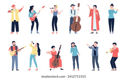 Singers and musicians. Music and performance industry workers, creative people play musical instruments and sing. Recent flat vector characters