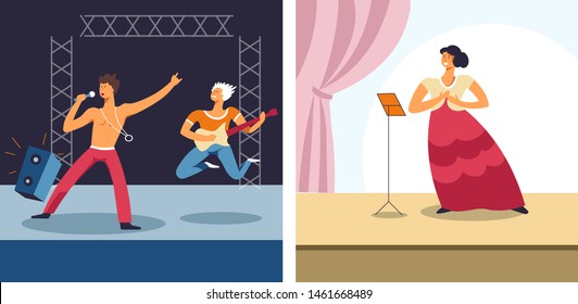 Singers and musicians opera and rock music concert vector musical performance solo singer and electric guitar men and woman on stage rocker and vocalist, guitarist microphone and speaker loud voice
