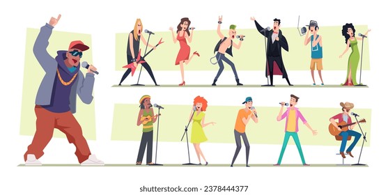 Singers. People male and female performers with microphone singing exact vector illustrations in cartoon style