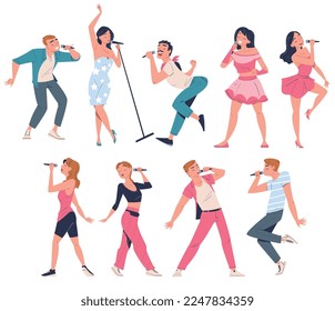 Singers performing with microphones set. Young men and women singing song and dancing cartoon vector illustration