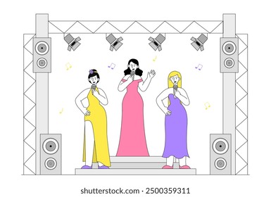 Singers performing on stage. Women in dresses with microphones perform on scene. Musical event and show. Concert pop singers. Linear vector illustration isolated on white background