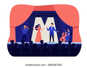 Singers playing in tragedy opera for audience isolated flat vector illustration. Cartoon woman and man singing drama song on stage. Theater and music concept
