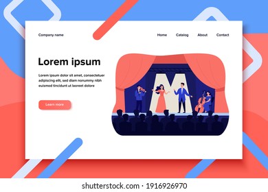 Singers playing in tragedy opera for audience isolated flat vector illustration. Cartoon woman and man singing drama song on stage. Theater and music concept
