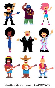 Singers Silhouette Of Different Musical Genres Set Isolated On White Background Vector Illustration. Isolated Vector Singers Characters Rockstar, Reggae Singer, Rap Singer. Funny Cartoon Singer Icon.