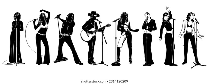 Singers Silhouette Set. Jazz, pop, rock, country, disco vocalists. Vector cliparts isolated on white.