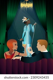 singers sing into microphones, 1920s 1930s, art deco