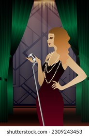 singers sing into microphones, 1920s 1930s, art deco