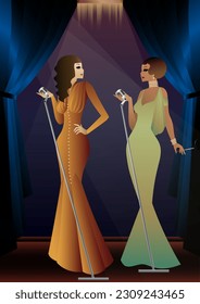 singers sing into microphones, 1920s 1930s, art deco