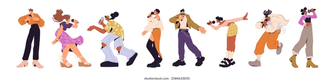 Singers sing with mic set. Diverse happy people perform songs with microphone. Vocalists, pop stars hold mike. Characters have fun at karaoke. Flat isolated vector illustrations on white background