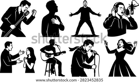 Singers and vocalists performance vector silhouettes set. Music performers featuring rockstar with microphone, studio recording with headphones, acoustic guitar singer, vocal lesson, and opera singer isolated on white background.