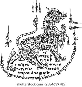 Singh (The Great Lion of Thailand) in thai tradition tattoo drawing vector. Translation of Thai text:  Great power, prestige, and awe-inspiring presence.