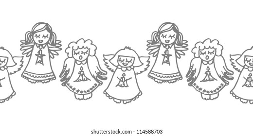 singing angels with candles seamless horizontal border on white