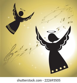 Singing angels silhouettes. Singing angels with musical notes.