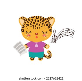 Singing Animal Cute Cheetah Leopard Jaguar Cartoon Character. Musical Class Logo Or Mascot. Kawaii Animal Student. Music Notes Song Learning. Music Lesson Elementary School Subject. 