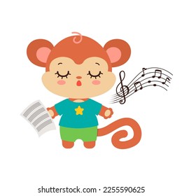 Singing animal cute chimp cartoon character. Kawaii monkey animal student. Musical class logo or mascot. Music notes song learning. Music lesson elementary school subject.