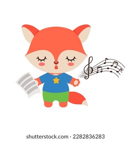 Singing animal cute fox cartoon character. Kawaii fox animal student. Musical class logo or mascot. Music notes song learning. Music lesson elementary school subject.