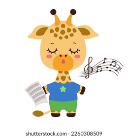 Singing animal cute giraffe cartoon character. Kawaii giraffe animal student. Musical class logo or mascot. Music notes song learning. Music lesson elementary school subject.