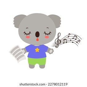 Singing animal cute koala cartoon character. Kawaii koala bear cub animal student. Musical class logo or mascot. Music notes song learning. Music lesson elementary school subject.