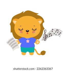 Singing animal cute lion cartoon character. Kawaii lion animal student. Musical class logo or mascot. Music notes song learning. Music lesson elementary school subject.