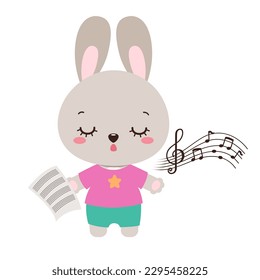 Singing animal cute rabbit cartoon character. Kawaii bunny animal student. Musical class logo or mascot. Music notes song learning. Music lesson elementary school subject.