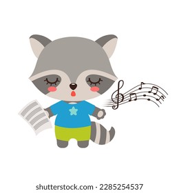 Cantando animal lindo personaje de mapache. Kawaii estudiante de raccoon animal. Logo de la clase musical o mascota. La música nota el aprendizaje de canciones. Enseñanza musical de primaria.