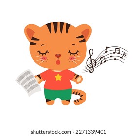 Singing animal cute tiger cartoon character. Kawaii tiger cub animal student. Musical class logo or mascot. Music notes song learning. Music lesson elementary school subject.