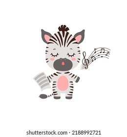 Singing Animal Cute Zebra. Music Notes Song Learning. Musical Class Logo Or Mascot. Music Lesson Elementary School Subject. Kawaii Animal Student.