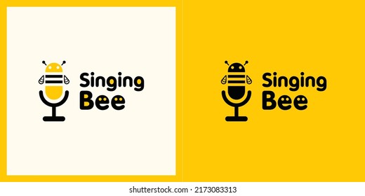 Singing Bee Microphone Yellow Background Modern Animated Logo Vector Design Illustration