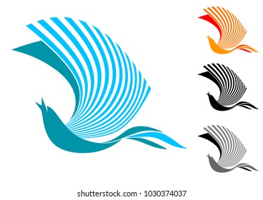 singing bird in flight (logo, sign, emblem, symbol). isolated image in two-color and two monochrome versions
