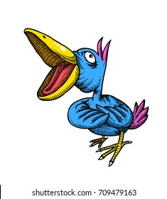 Singing bird hand drawn image. Original colorful artwork, comic childish style drawing.