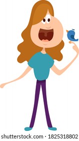 Singing to bird, illustration, vector on white background
