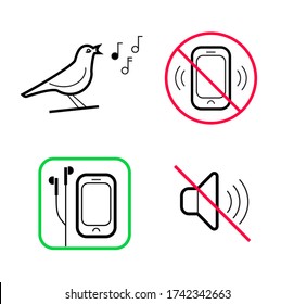 Singing bird. Keep silence, please. Turn off your phones or use headset. No loud sounds. Park and outdoors icons.