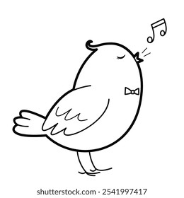 Singing bird with music notes. Outline illustration, isolated on white background, design elements