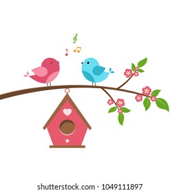 Singing bird on branch. Spring scene with flowers, trees and a birdhouse. Vector illustration on white background.