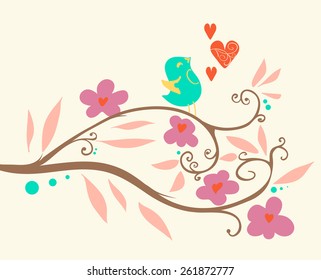 Singing bird on a branch. Vector illustration