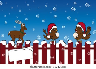 Singing bird on the fence and giggling Rudolph in winter