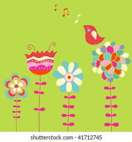 Singing bird on flowers