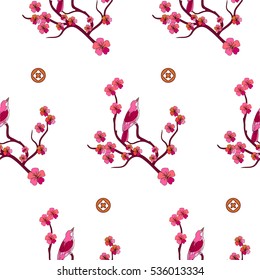 Singing bird on sakura seamless pattern Chinese or Japanese.